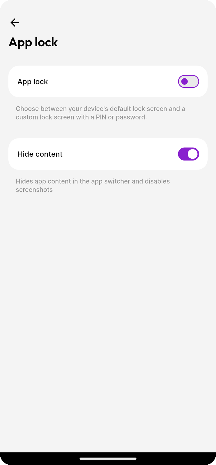 App lock settings with toggles on Ente Auth mobile