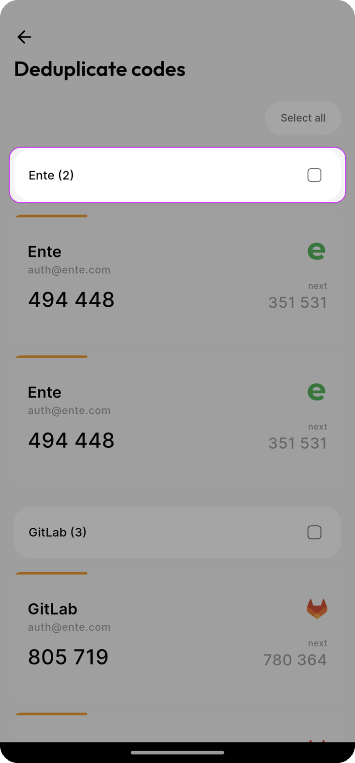 Deduplicate codes list with Ente (2) duplicates on Ente Auth mobile