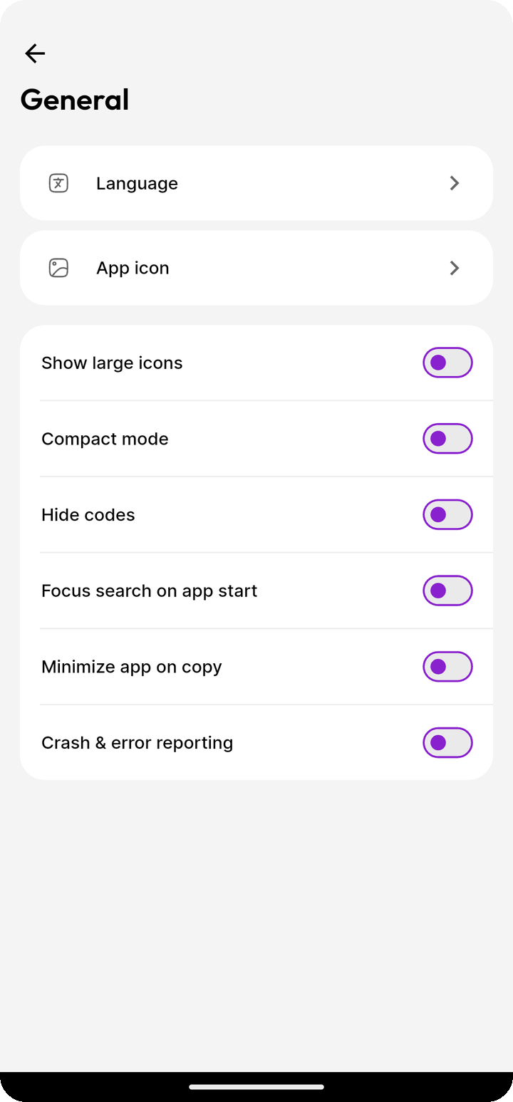 General display toggles on Ente Auth mobile