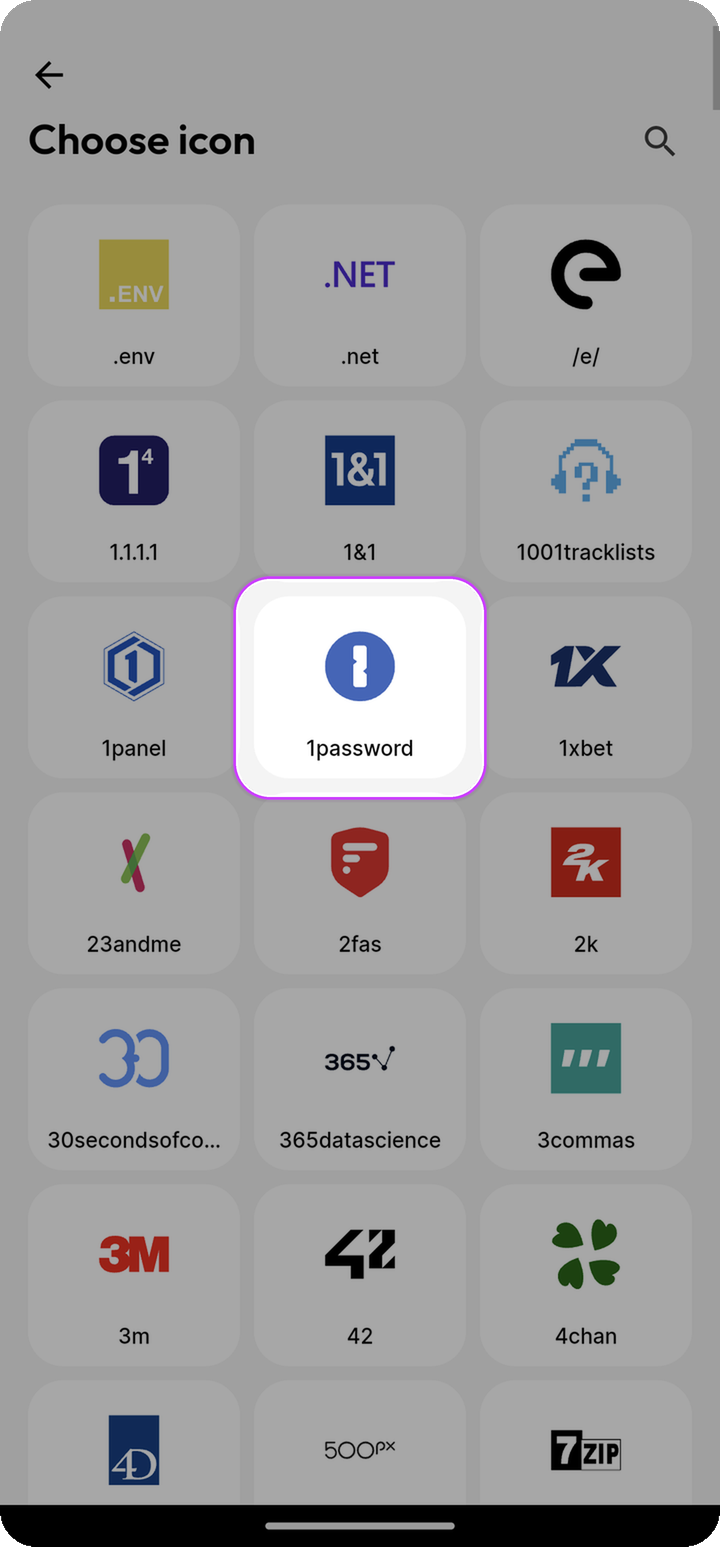 Choose icon picker with 1password tile highlighted on Ente Auth mobile