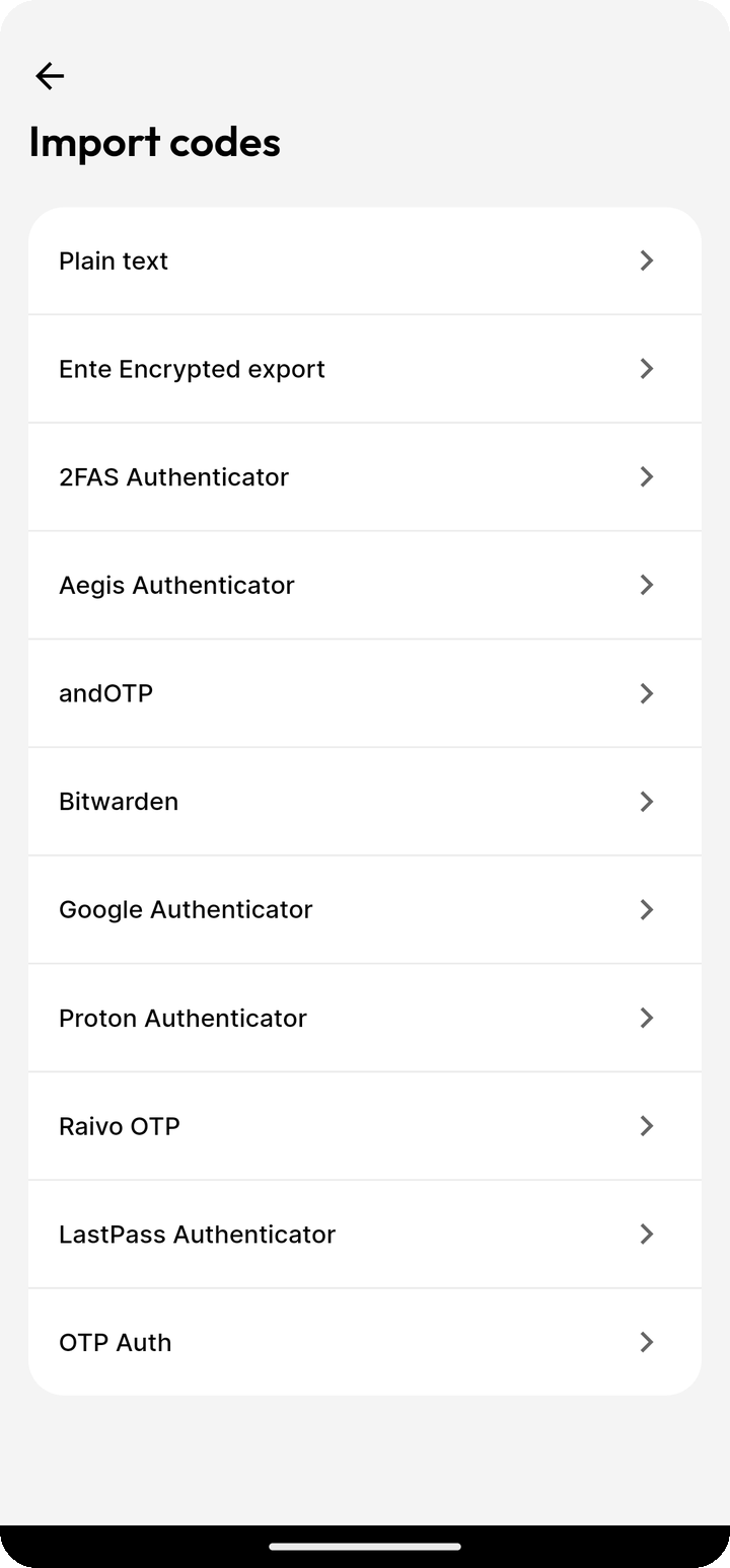 Import codes provider list on Ente Auth mobile