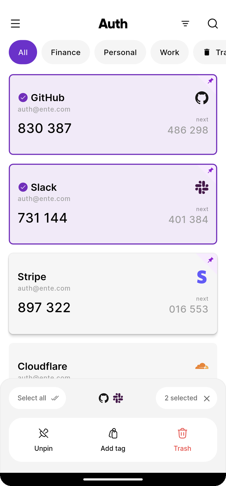 Multi-select toolbar with two codes selected on Ente Auth mobile