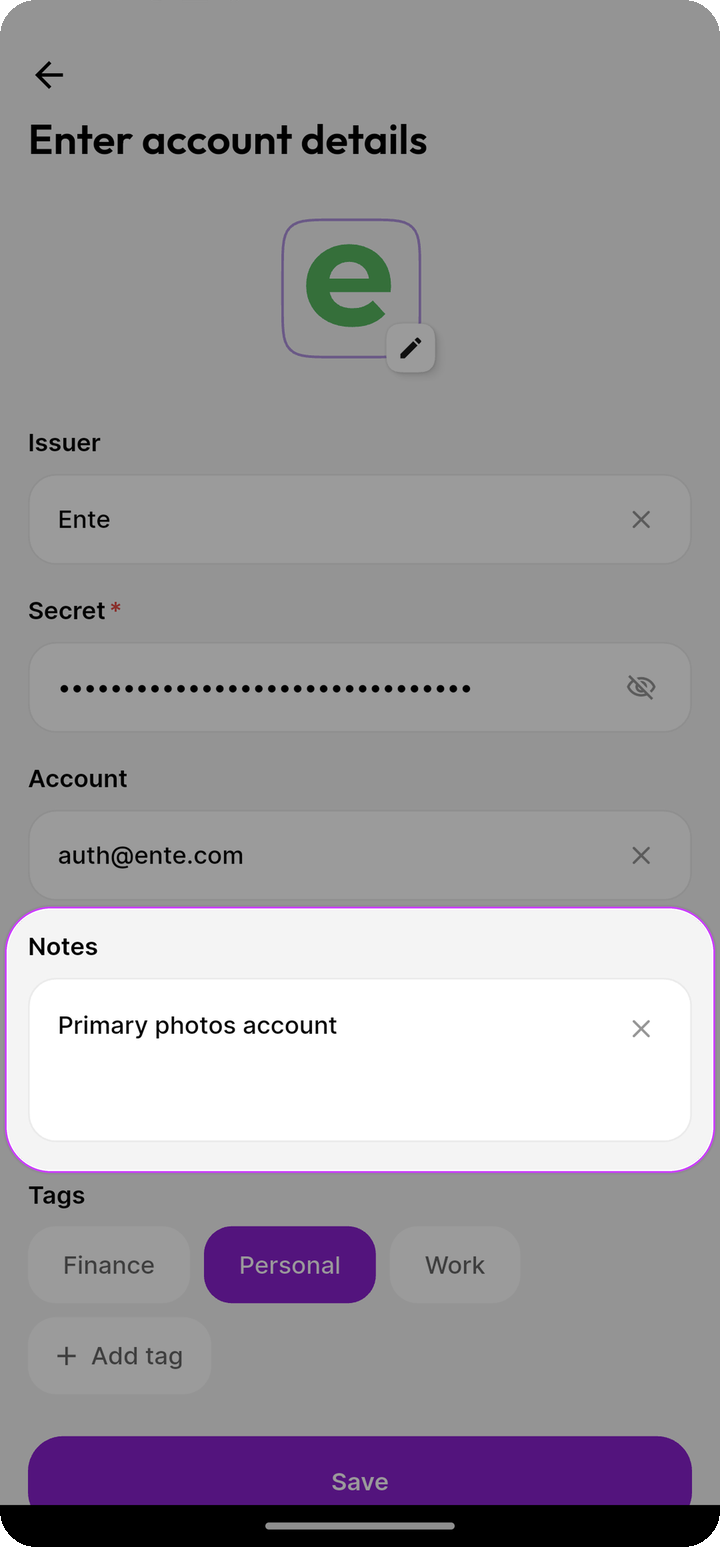 Notes field with Primary photos account on Ente Auth mobile edit form