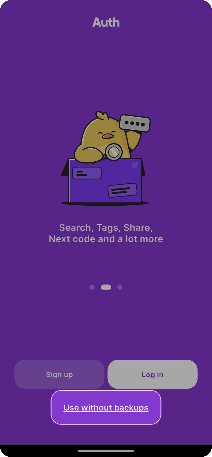 Use without backups entry on Ente Auth mobile login