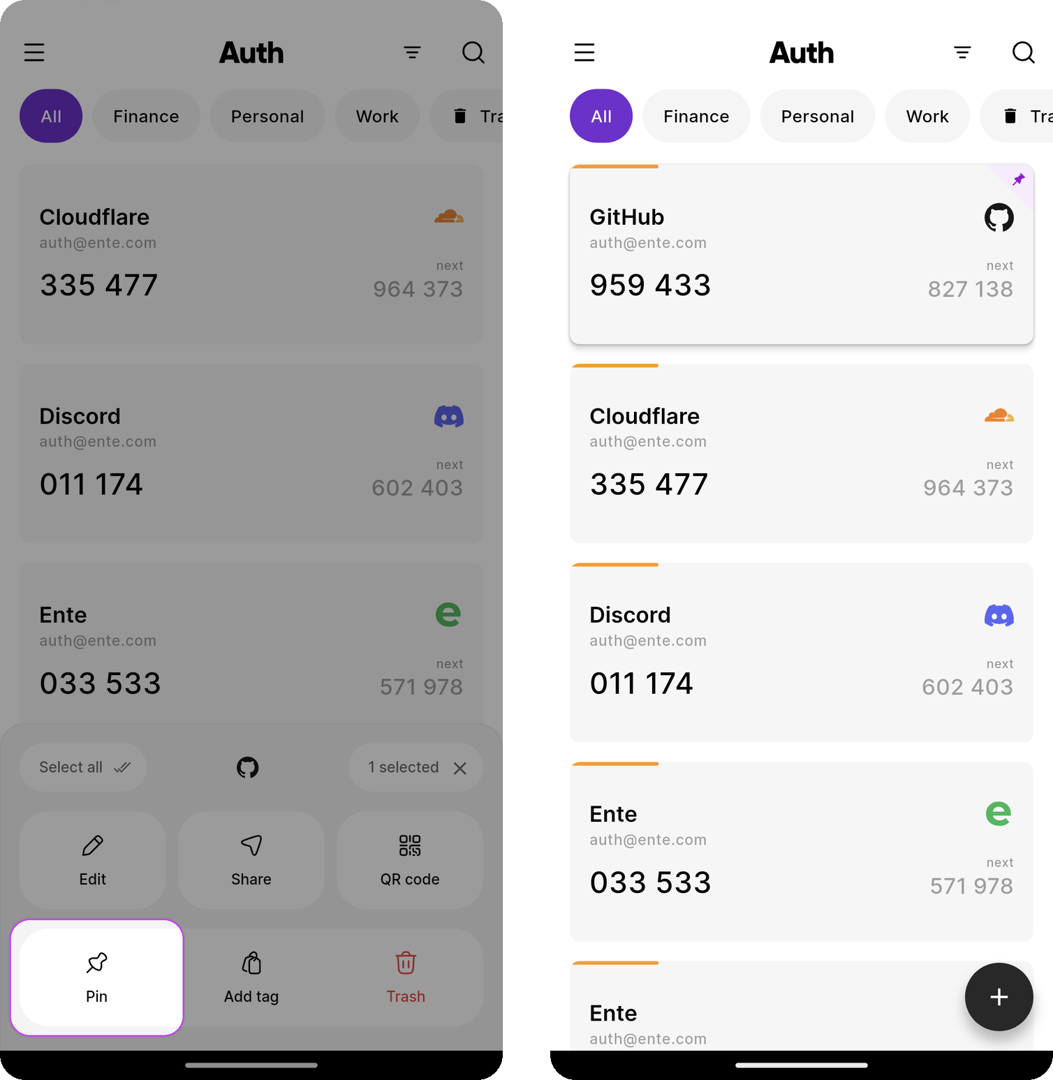 Pin action beside pinned codes list on Ente Auth mobile