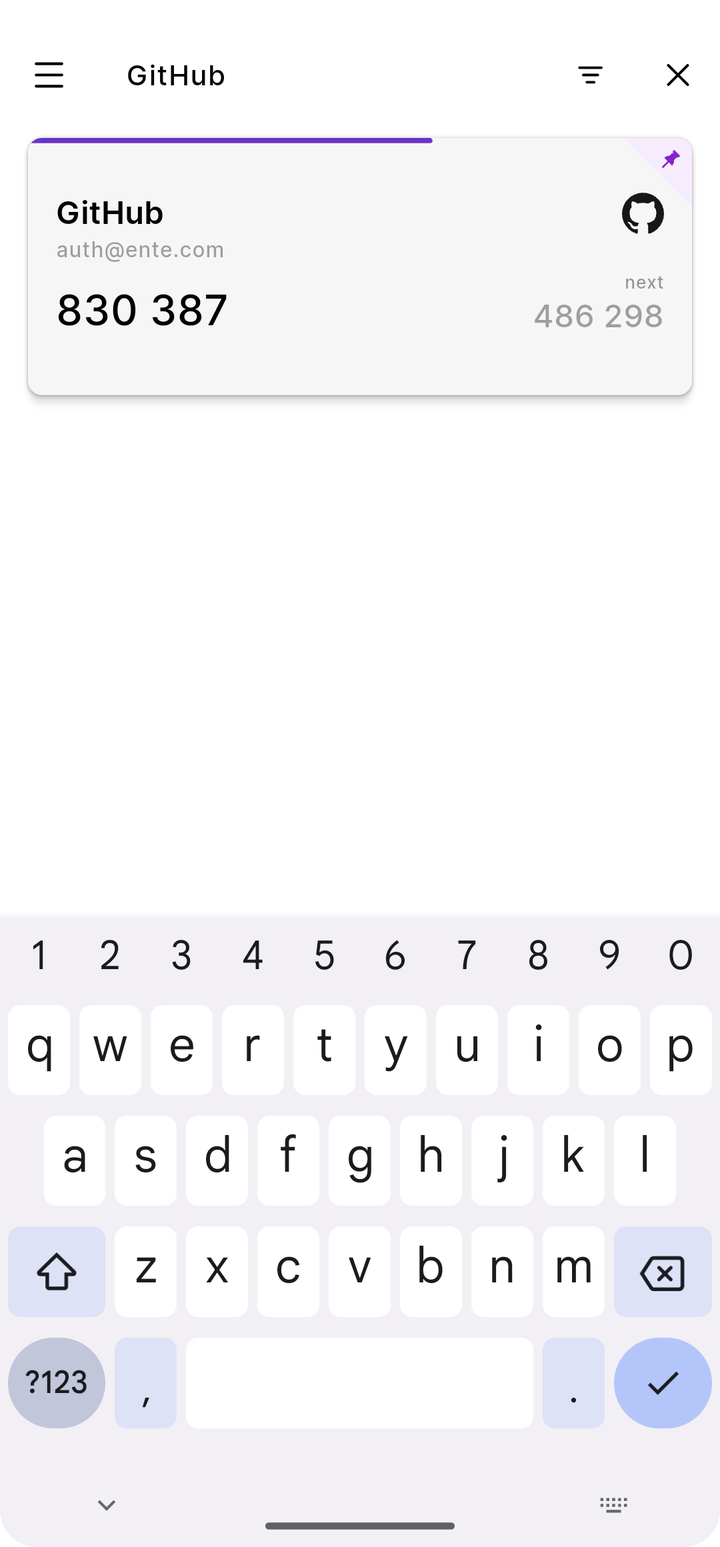Typed GitHub search with filtered result on Ente Auth mobile
