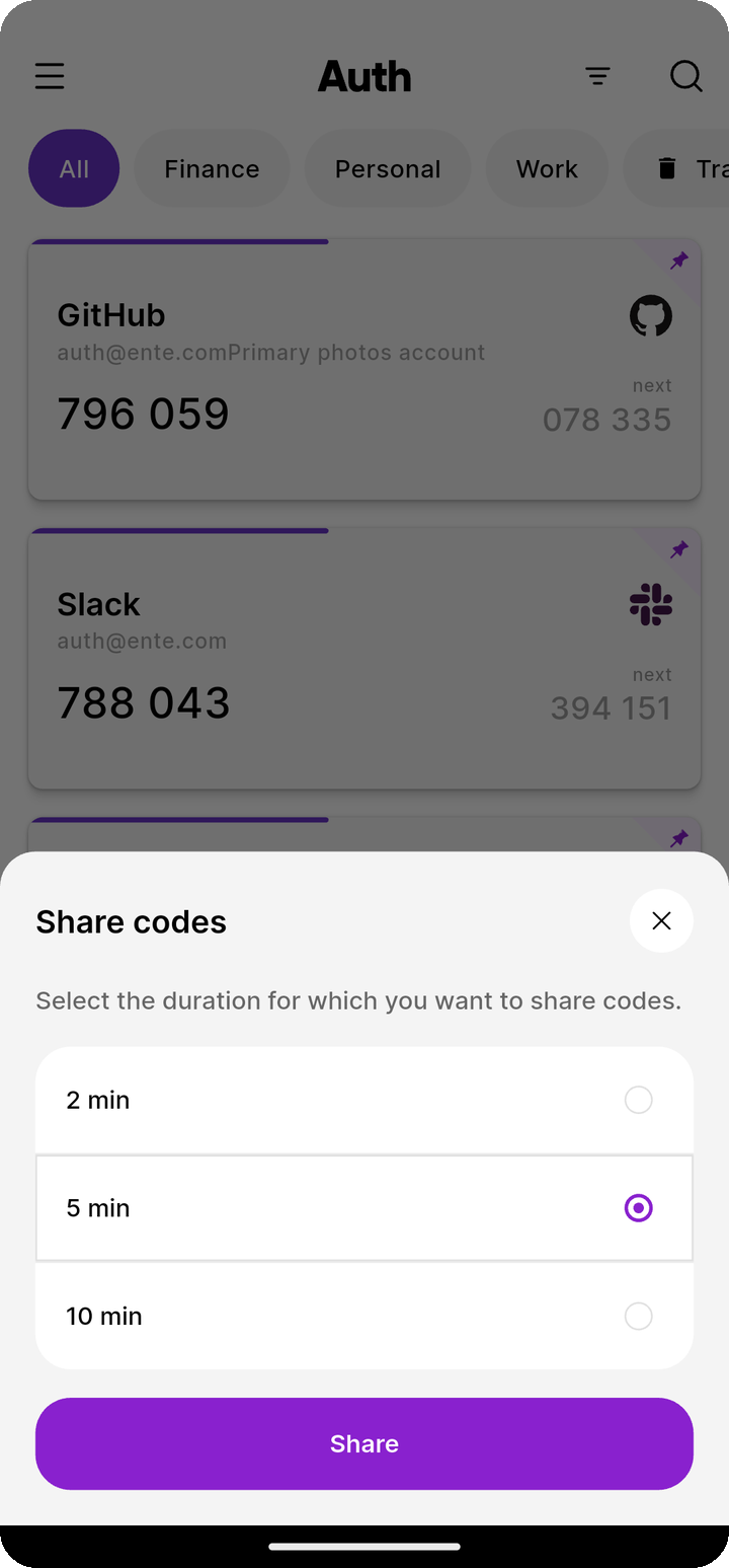 Share codes duration sheet with Share button on Ente Auth mobile