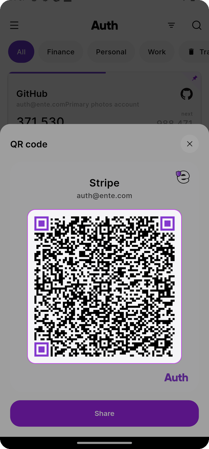 Show entry as QR for Stripe auth@ente.com on Ente Auth mobile