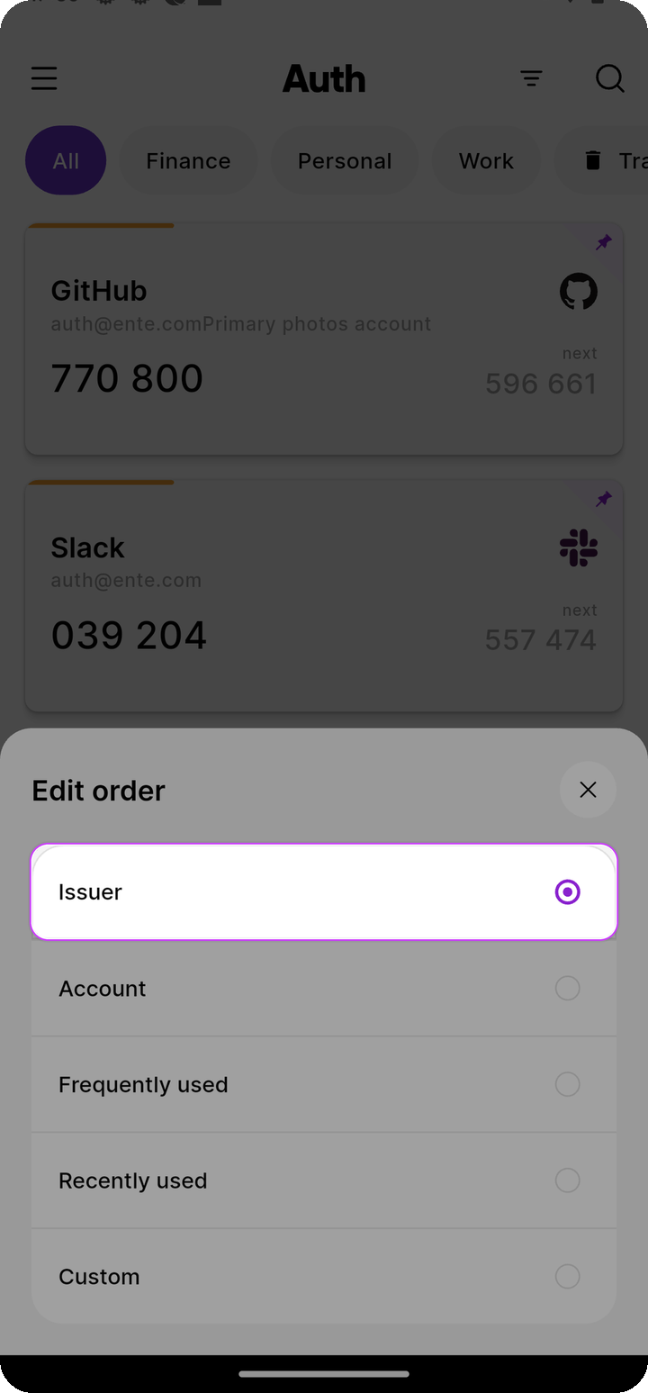 Edit order sheet with Issuer, Account, Frequently used, Recently used, Custom on Ente Auth mobile