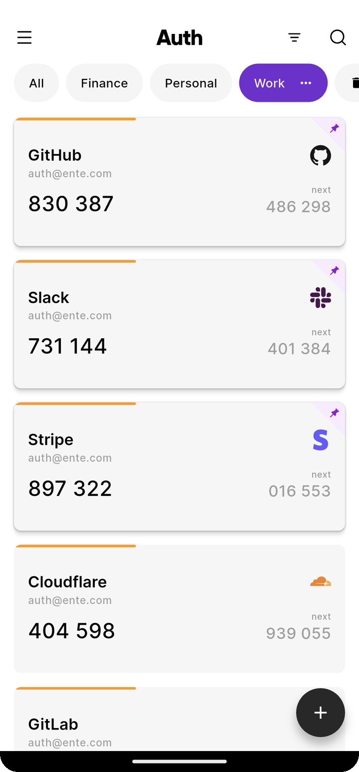Work tag chip selected with filtered codes on Ente Auth mobile