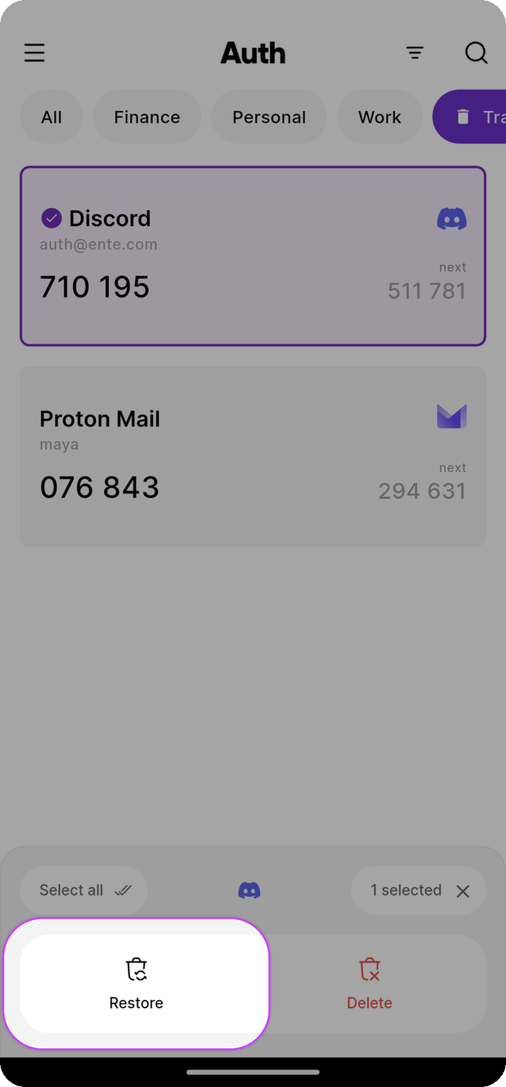 Trash view with Restore action on Ente Auth mobile