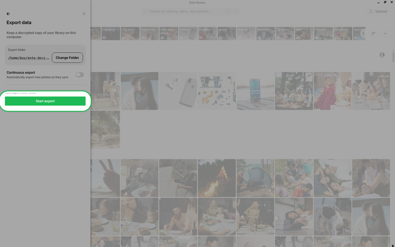 Start button highlighted in the Export data dialog on Ente Photos desktop