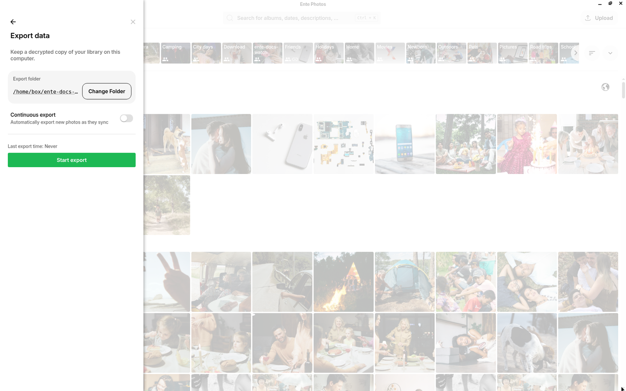 Export data dialog with destination folder on Ente Photos desktop