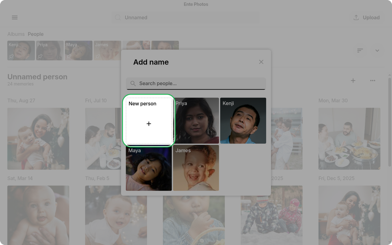 New person tile highlighted in the Add name dialog on Ente Photos desktop