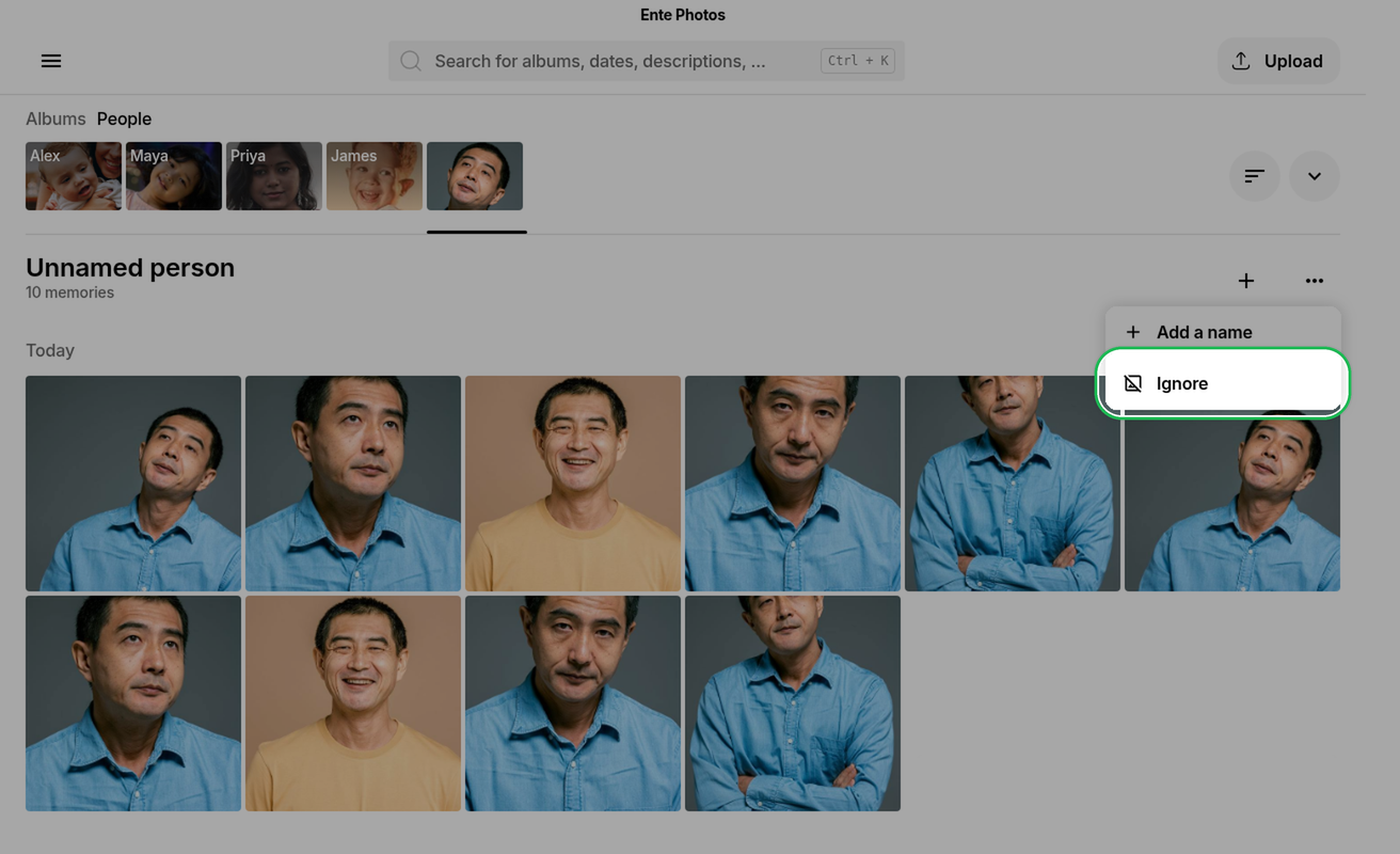 Ignore person menu row highlighted on Ente Photos desktop