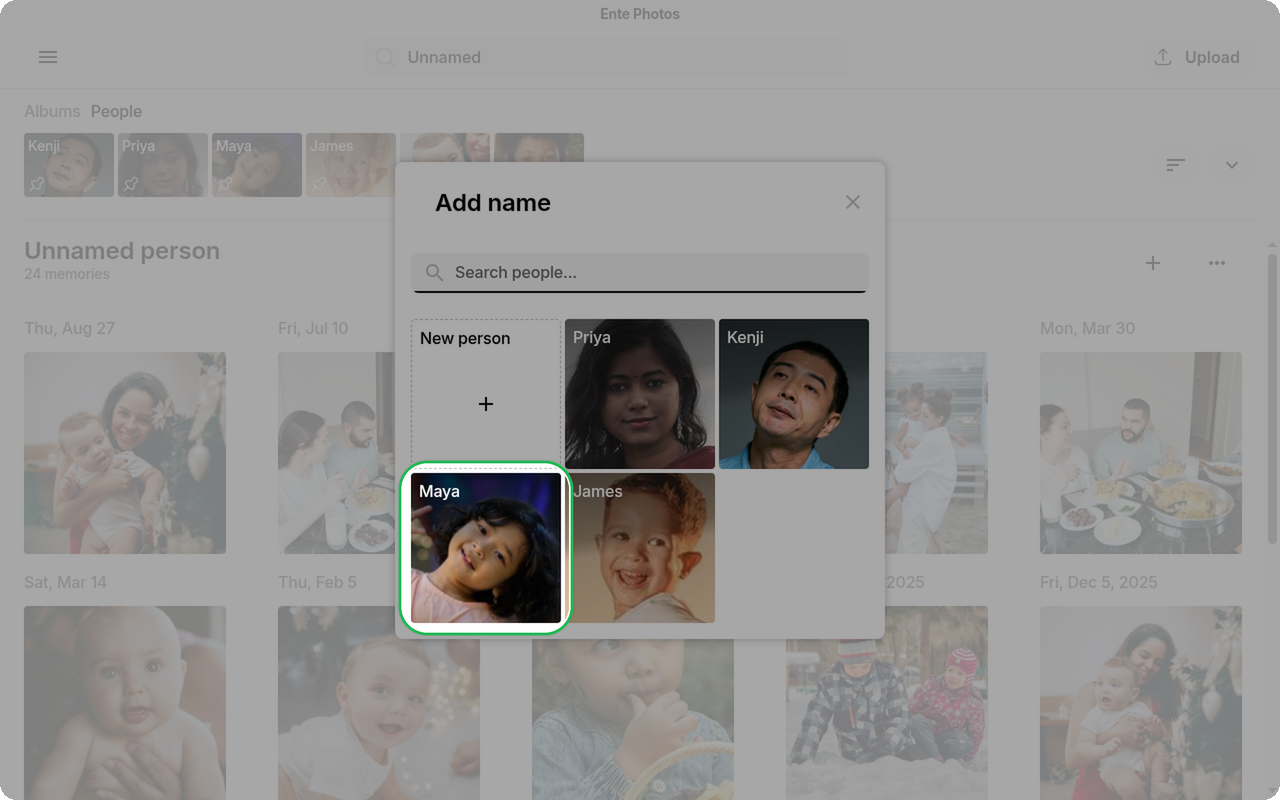 Merge by selecting an existing named person in Add name on Ente Photos desktop