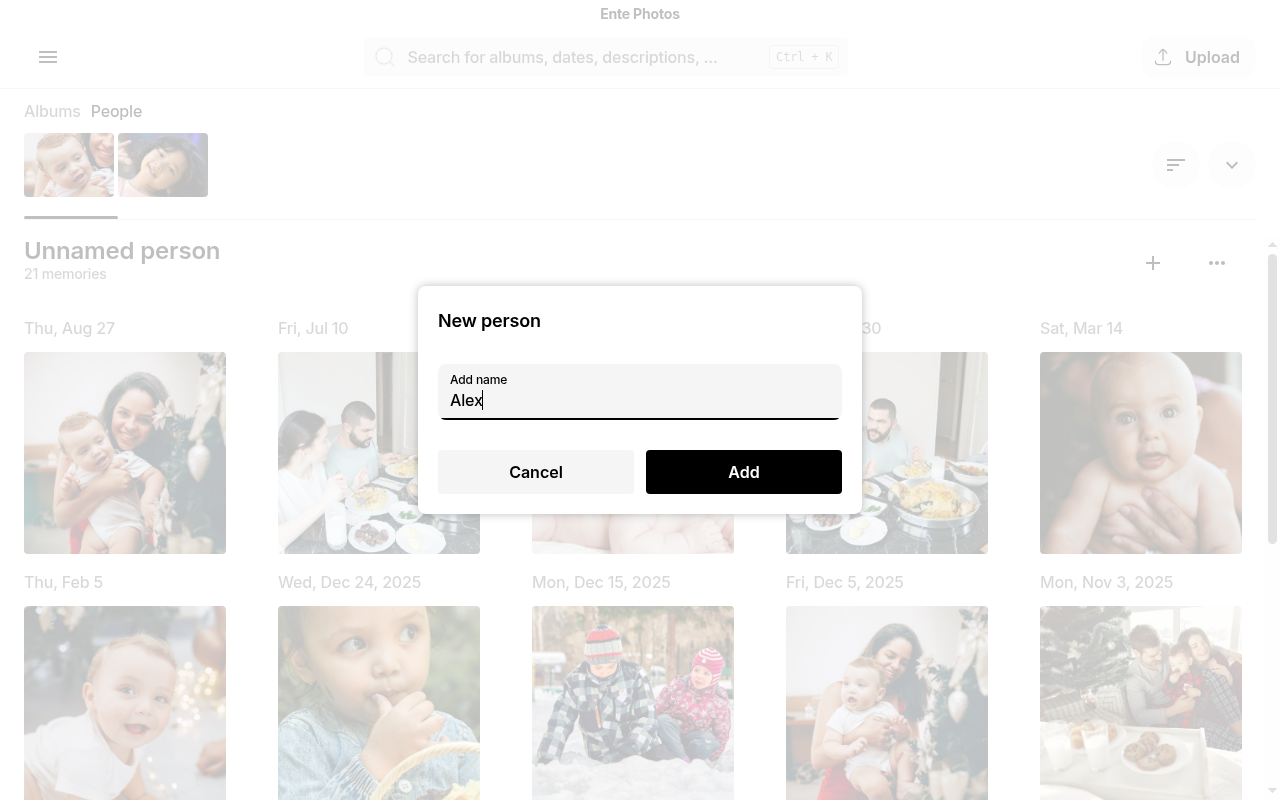 New person dialog with name entered on Ente Photos desktop