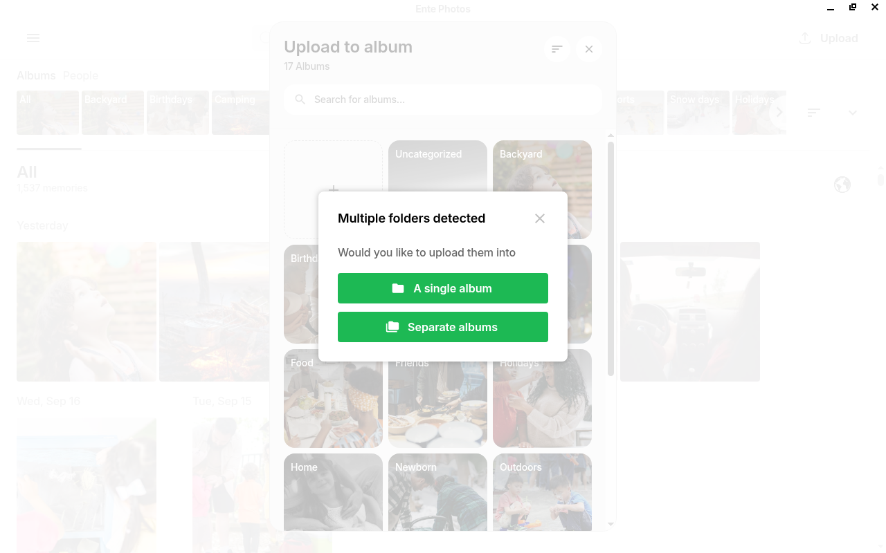 Ente Photos desktop import dialog choosing one album or separate albums for nested folders