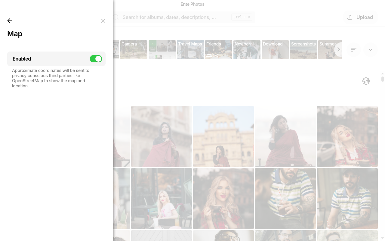 Map settings enabled on Ente Photos desktop