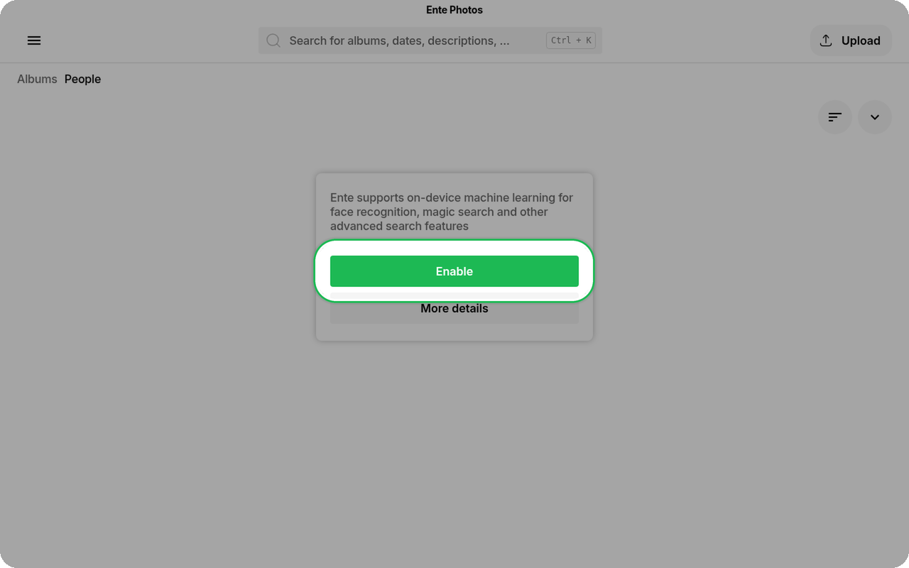Enable machine learning button highlighted on Ente Photos desktop