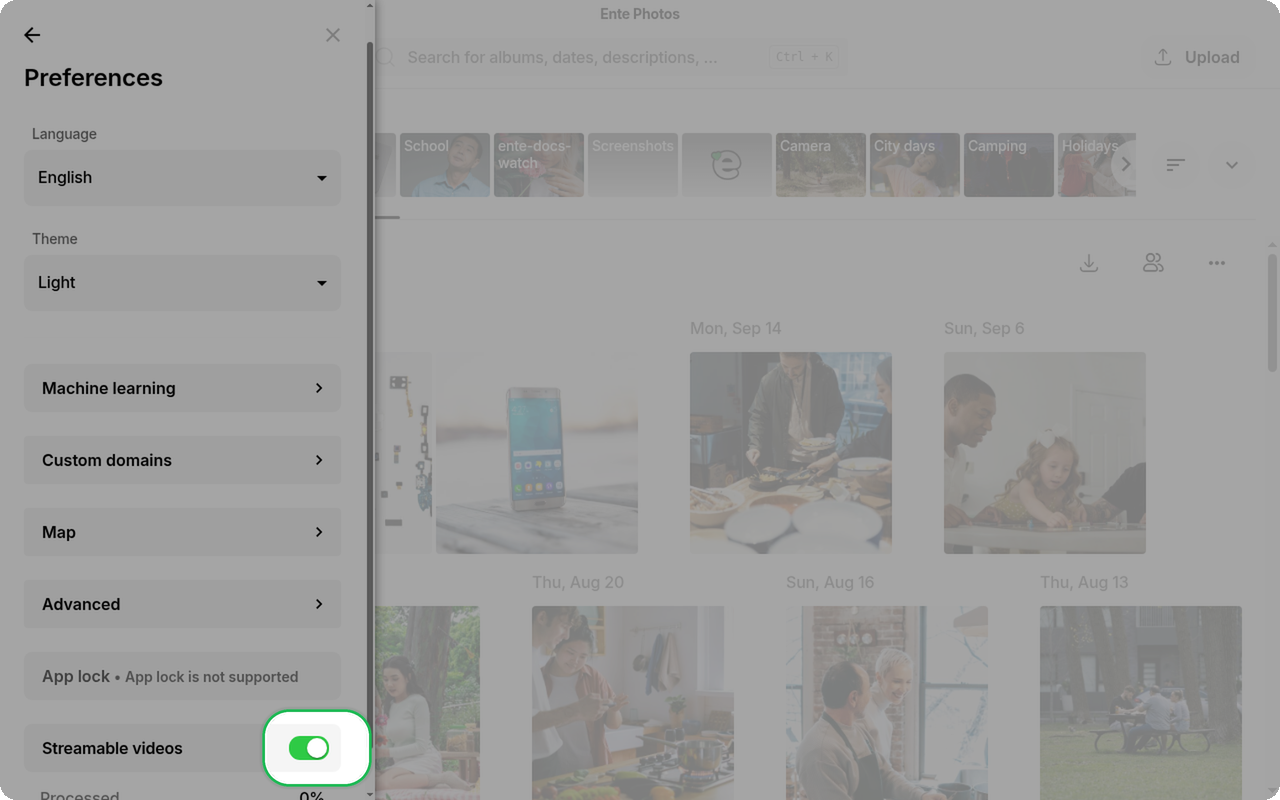 Streamable videos toggle highlighted in Preferences on Ente Photos desktop