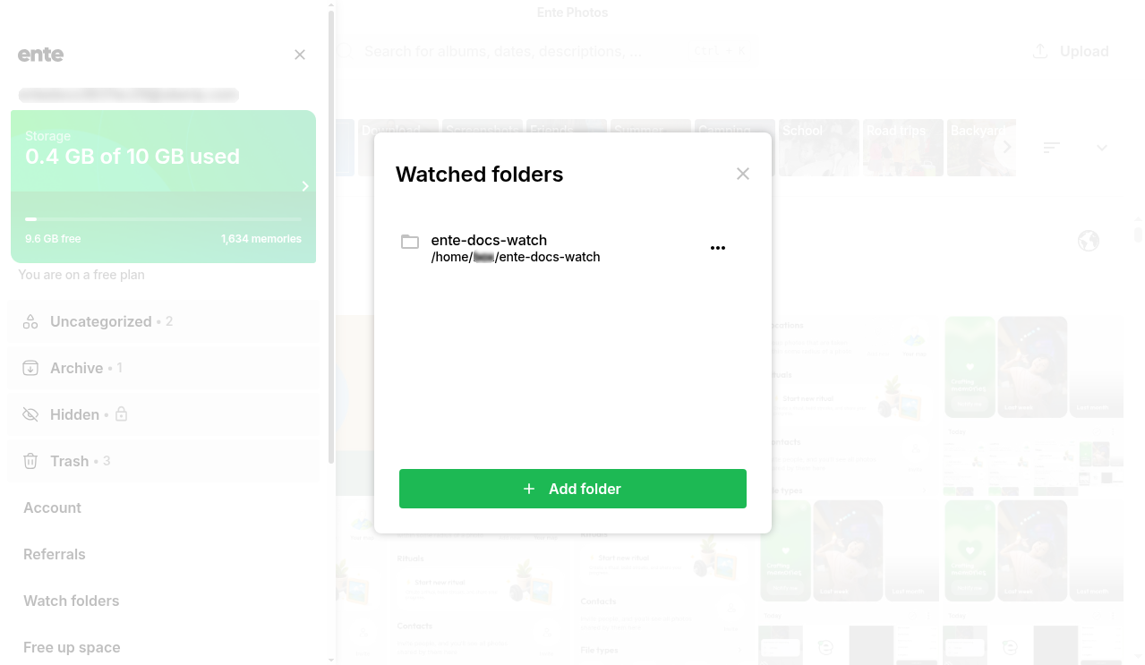 Watched folders dialog on desktop