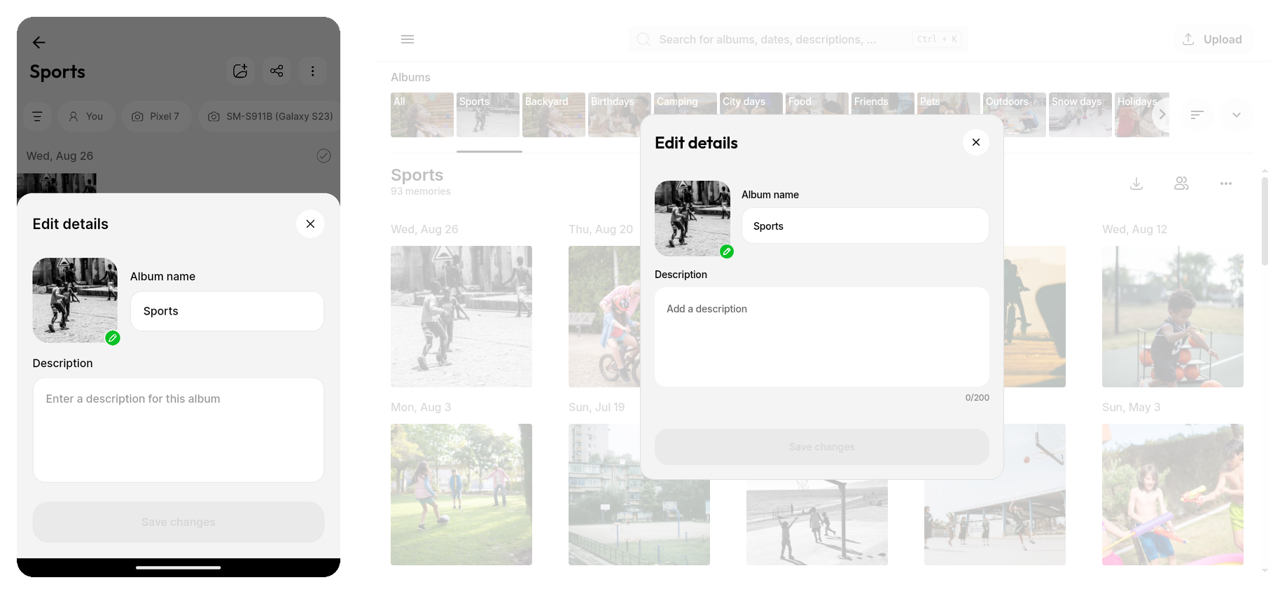 Edit album details dialog on Ente Photos mobile and web for name description and cover