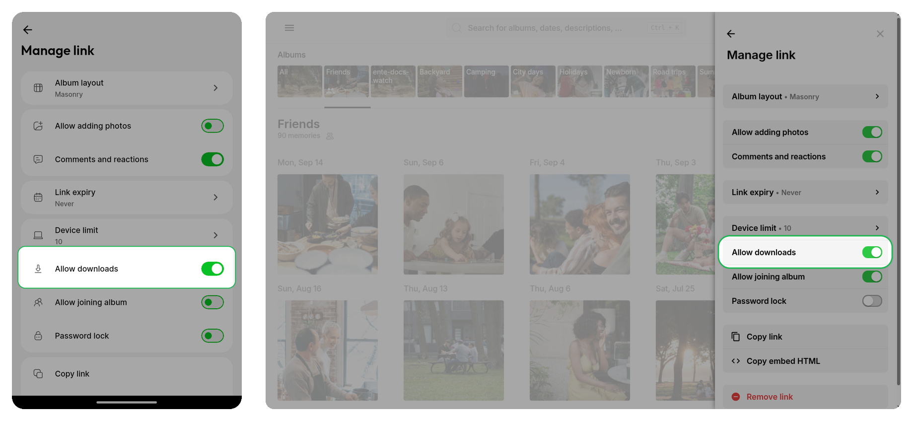 Allow downloads highlighted in Manage link on Ente Photos mobile and web