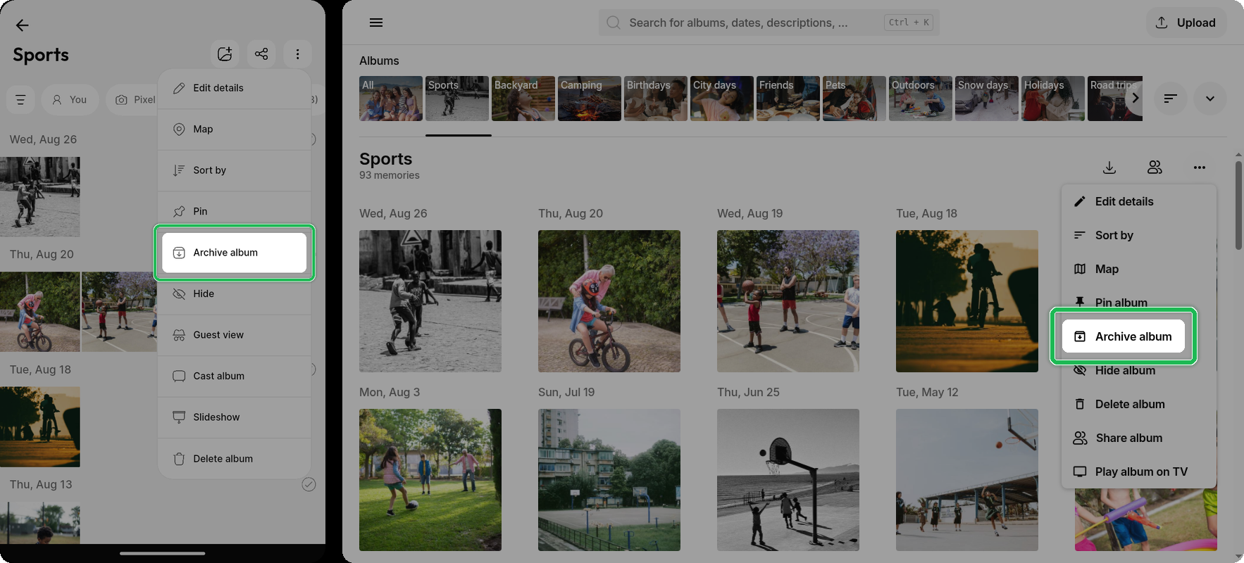 Archive album option highlighted in the overflow menu on Ente Photos mobile and web
