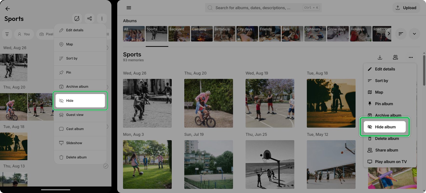 Hide album option highlighted in the overflow menu on Ente Photos mobile and web