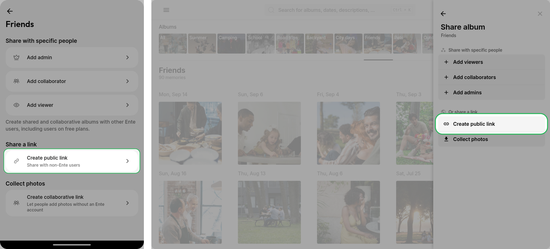 Create public link highlighted on Ente Photos mobile and web