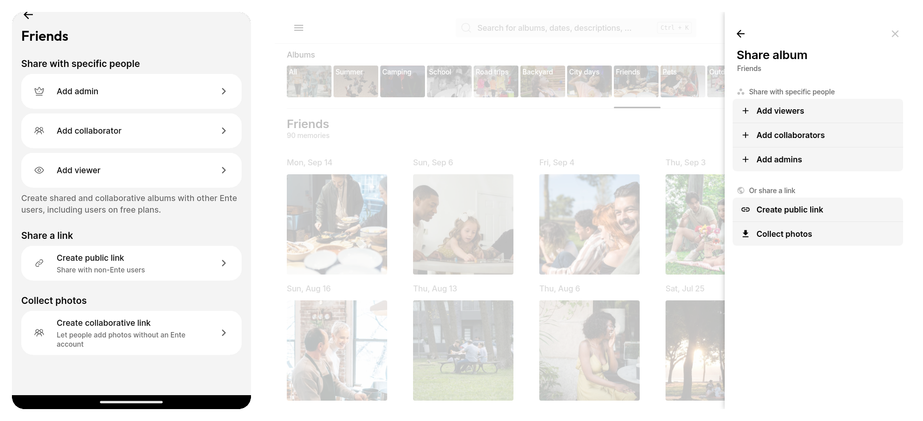 Share album panel on Ente Photos mobile and web