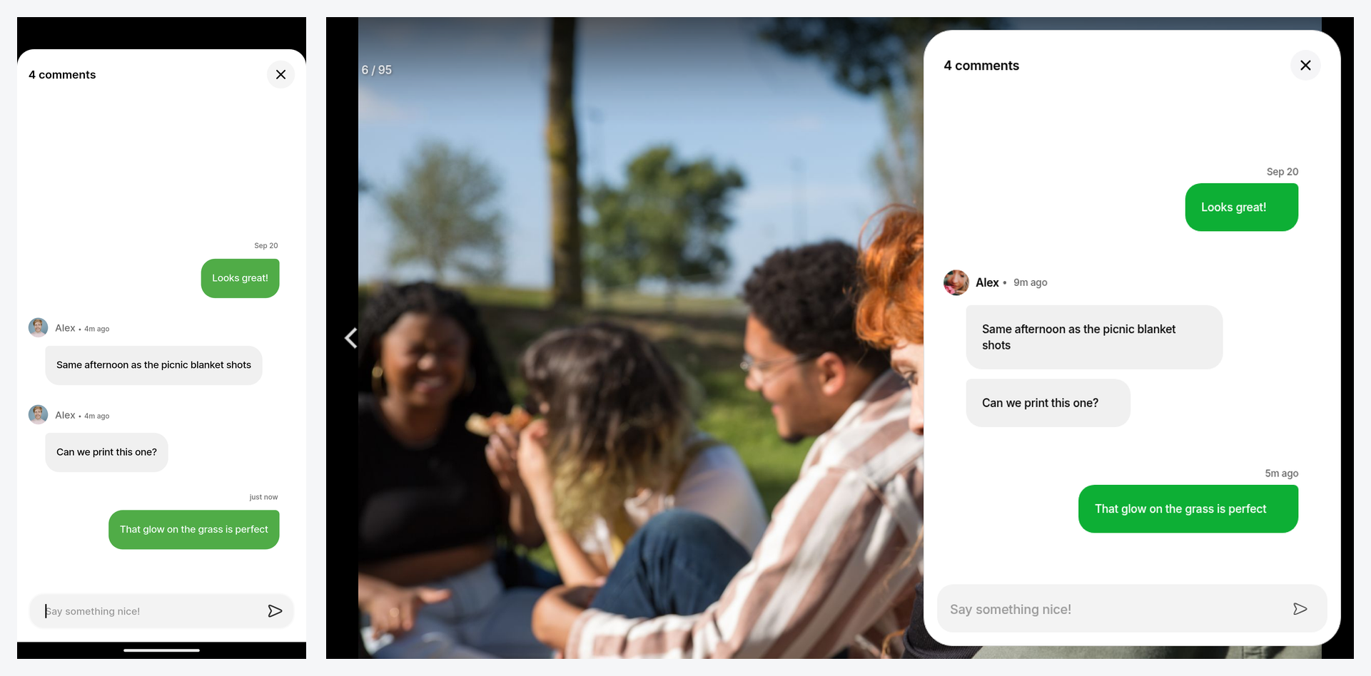 Multi-party comments on a shared outdoor photo: Ente Photos mobile left with Alex ginger contact face and human comments, web right