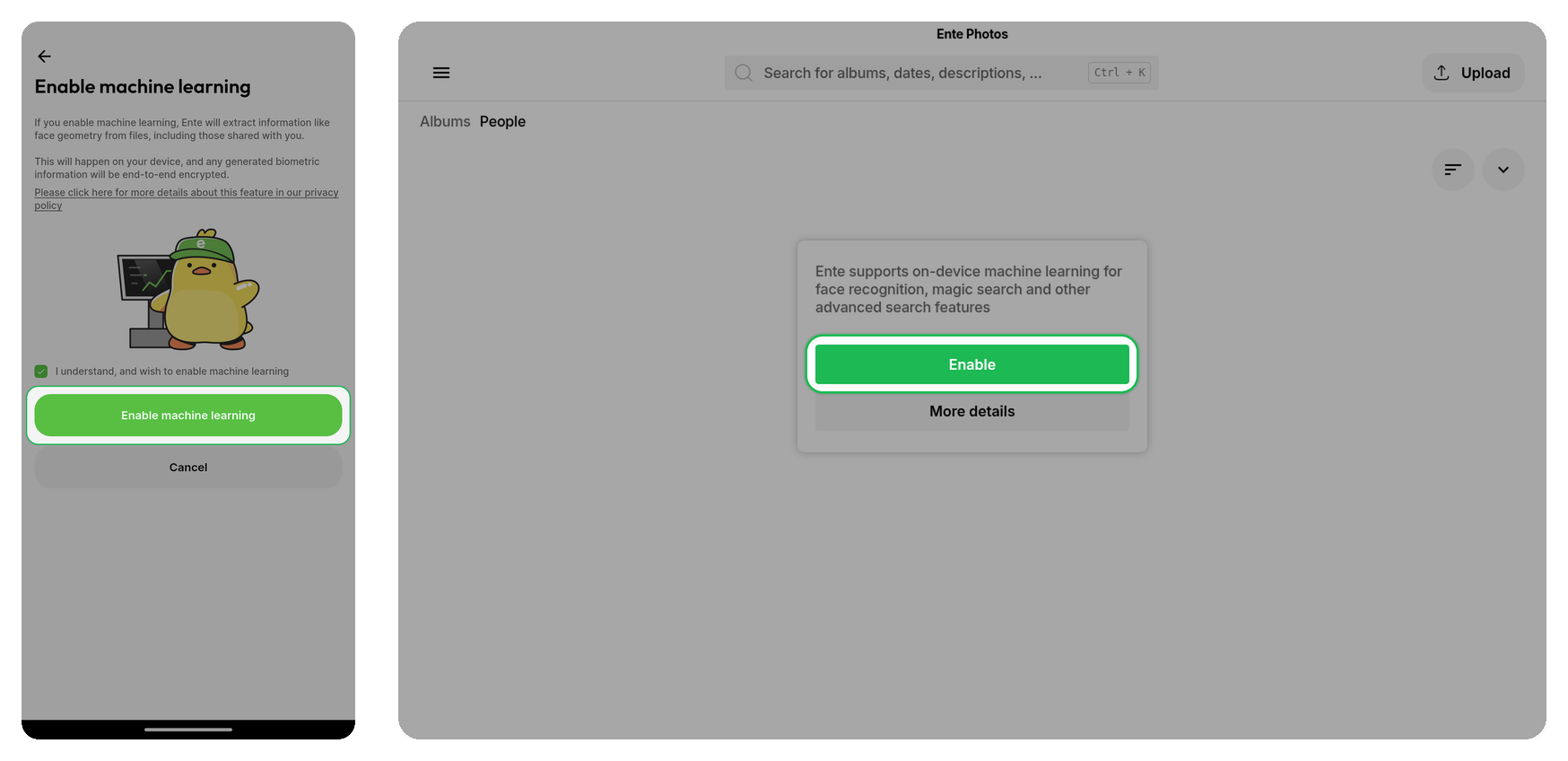 Enable machine learning highlighted on Ente Photos mobile left and desktop right