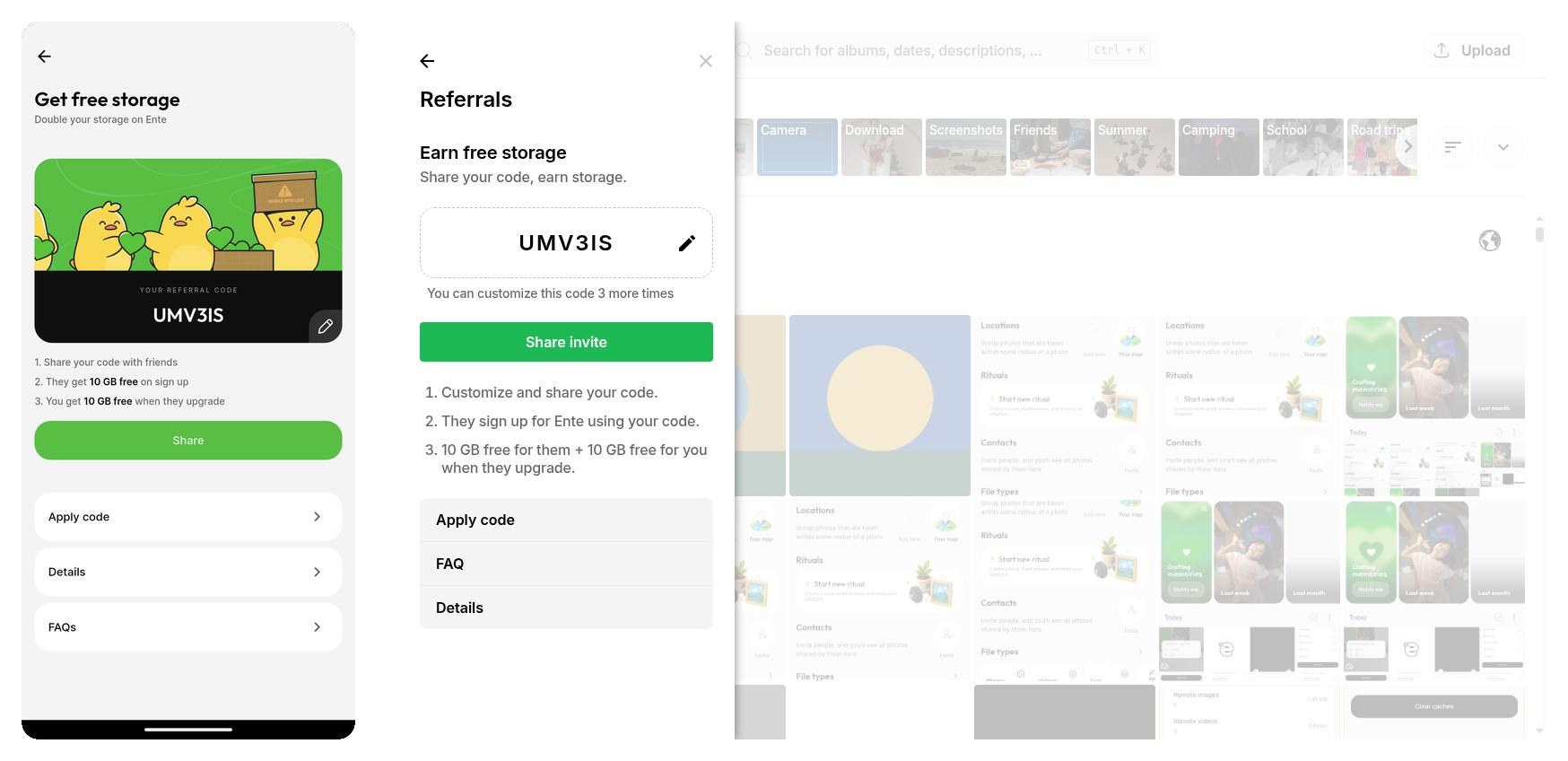 Get free storage / Referrals on Ente Photos mobile and web showing your referral code