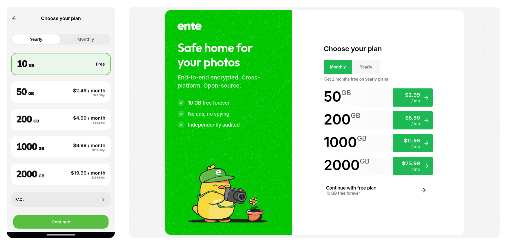 Choose your plan screen on Ente Photos mobile and web including free plan