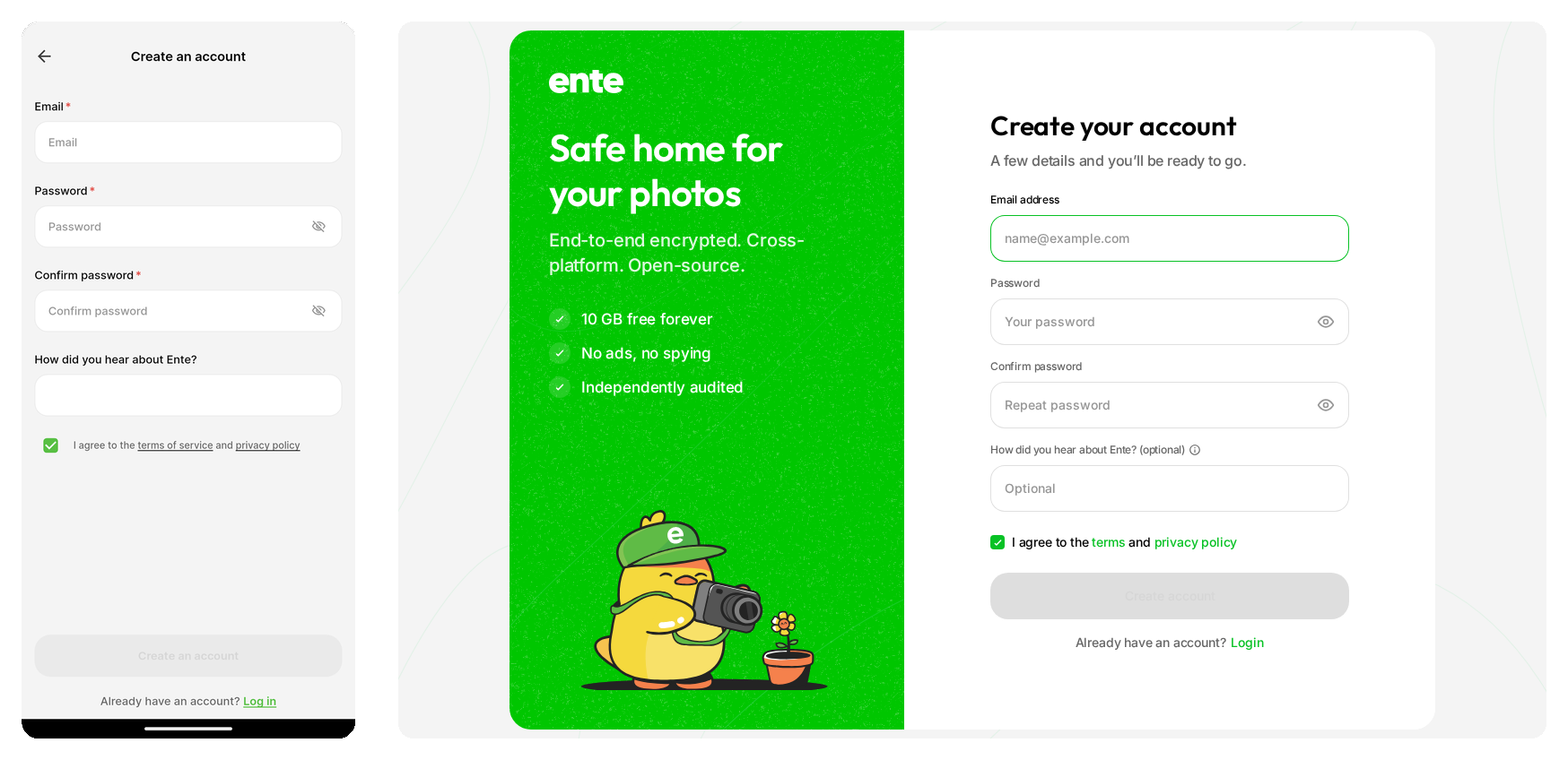 Create an account form on Ente Photos mobile and web