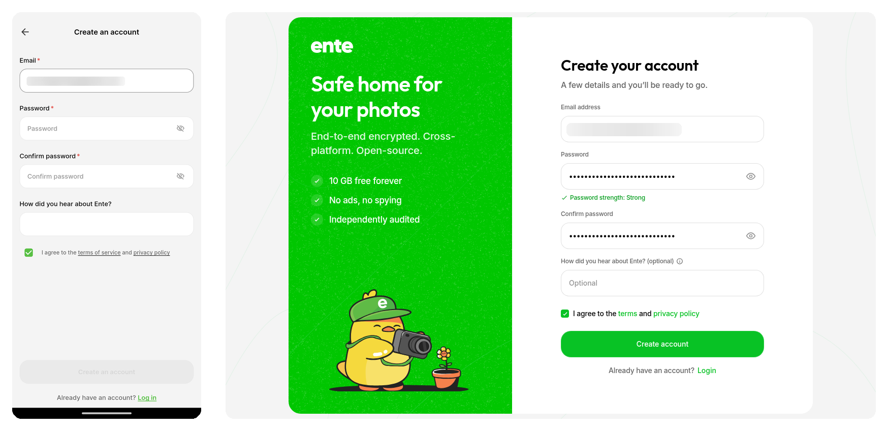 Email address filled on Ente Photos mobile and web signup