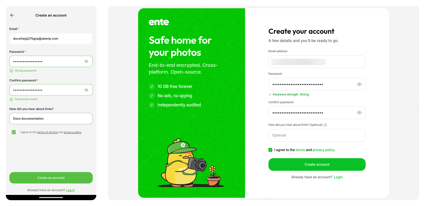 Password and confirm password fields on Ente Photos mobile and web signup