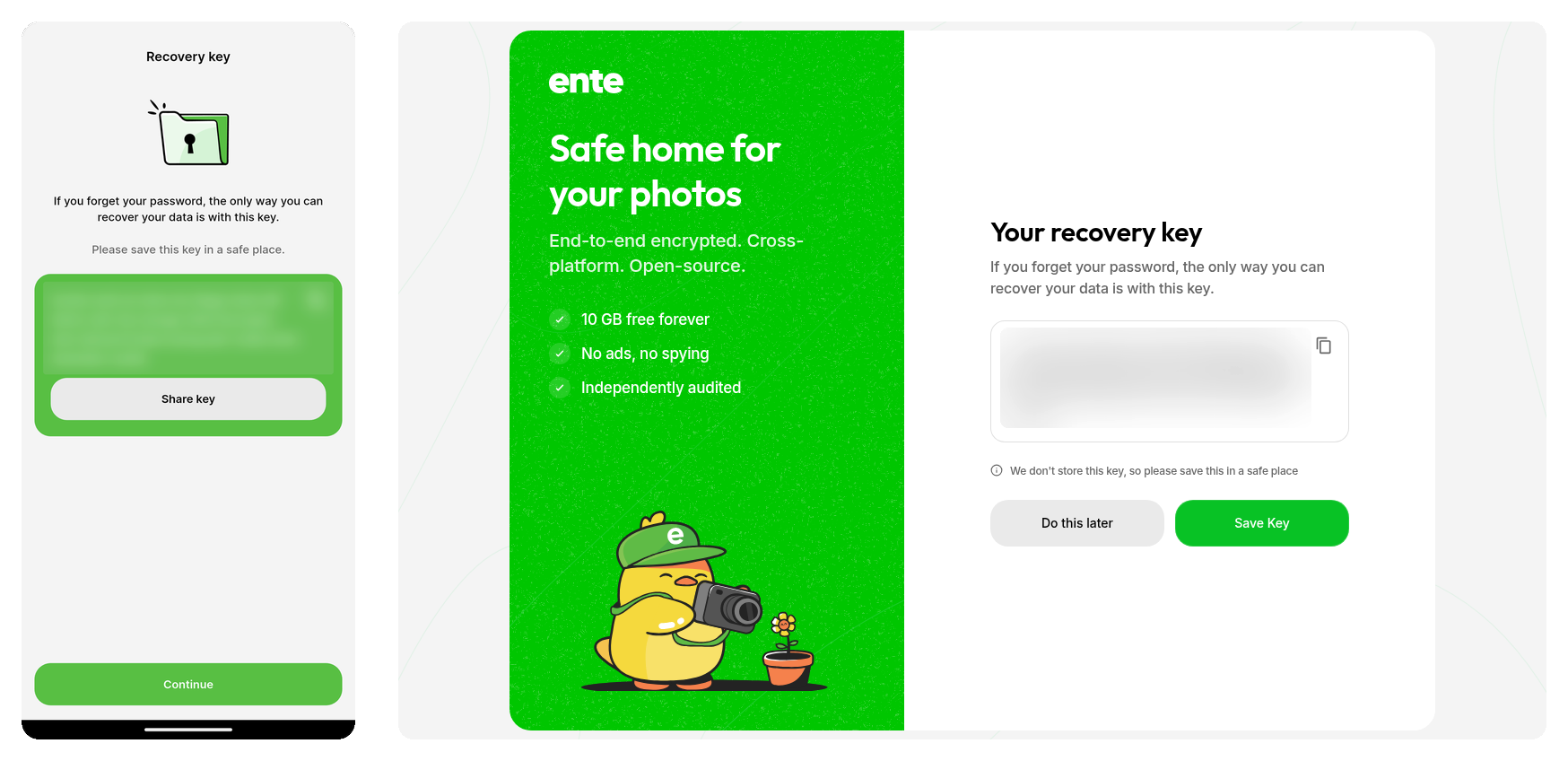 Recovery key save screen on Ente Photos mobile and web with key frosted