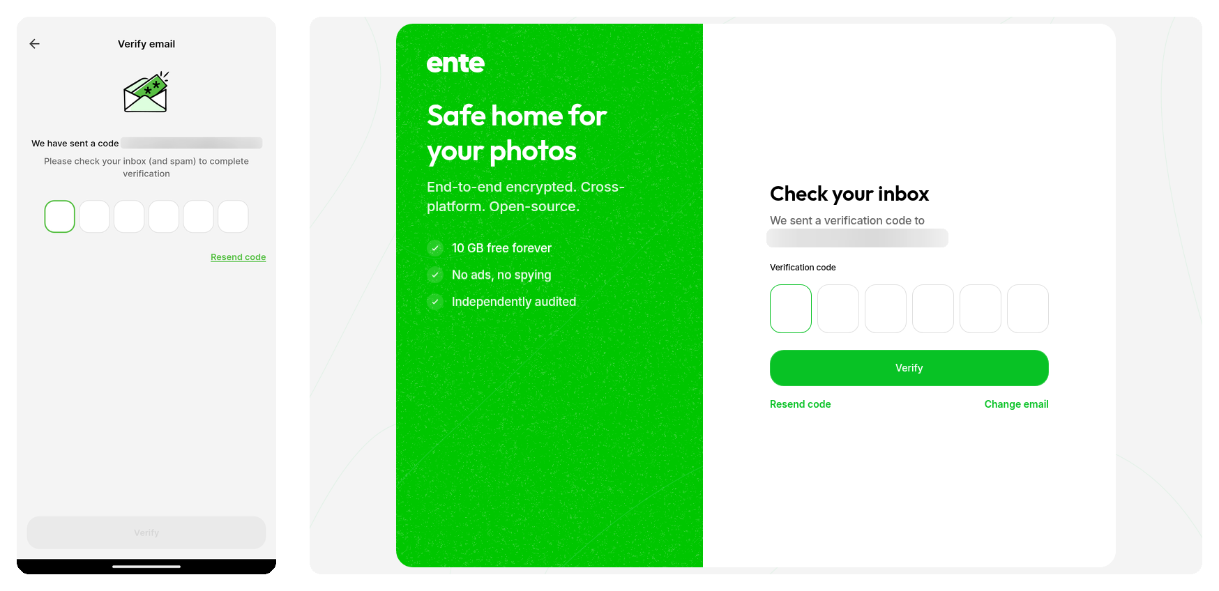 Email verification code entry on Ente Photos mobile and web