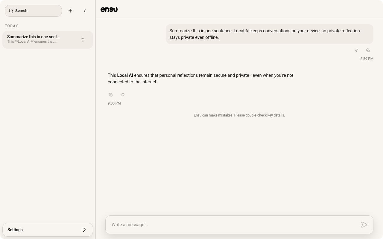 Populated Ensu web chat after sending a first message, with user bubble, streamed assistant reply, and composer