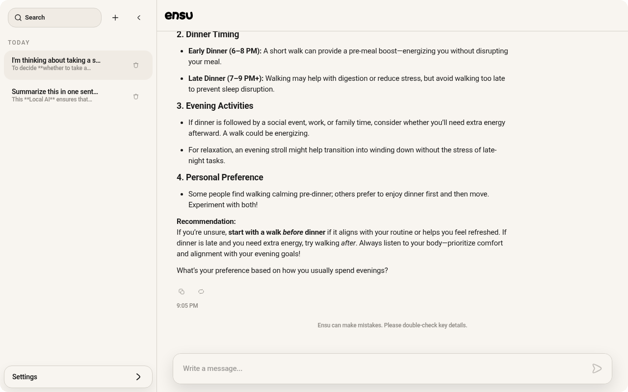 Ensu web sidebar expanded with Today grouping and two chat sessions, plus New chat and collapse controls