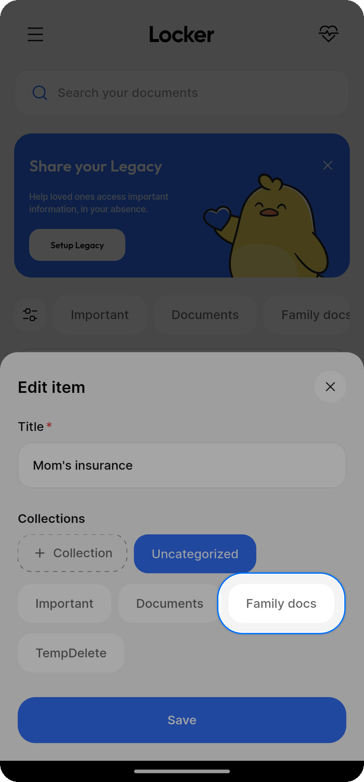 Family docs collection chip highlighted on Edit item sheet on Ente Locker Android