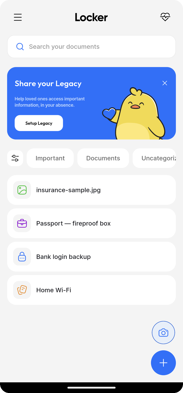 Locker home after uploading a file (insurance-sample.jpg) on Ente Locker Android