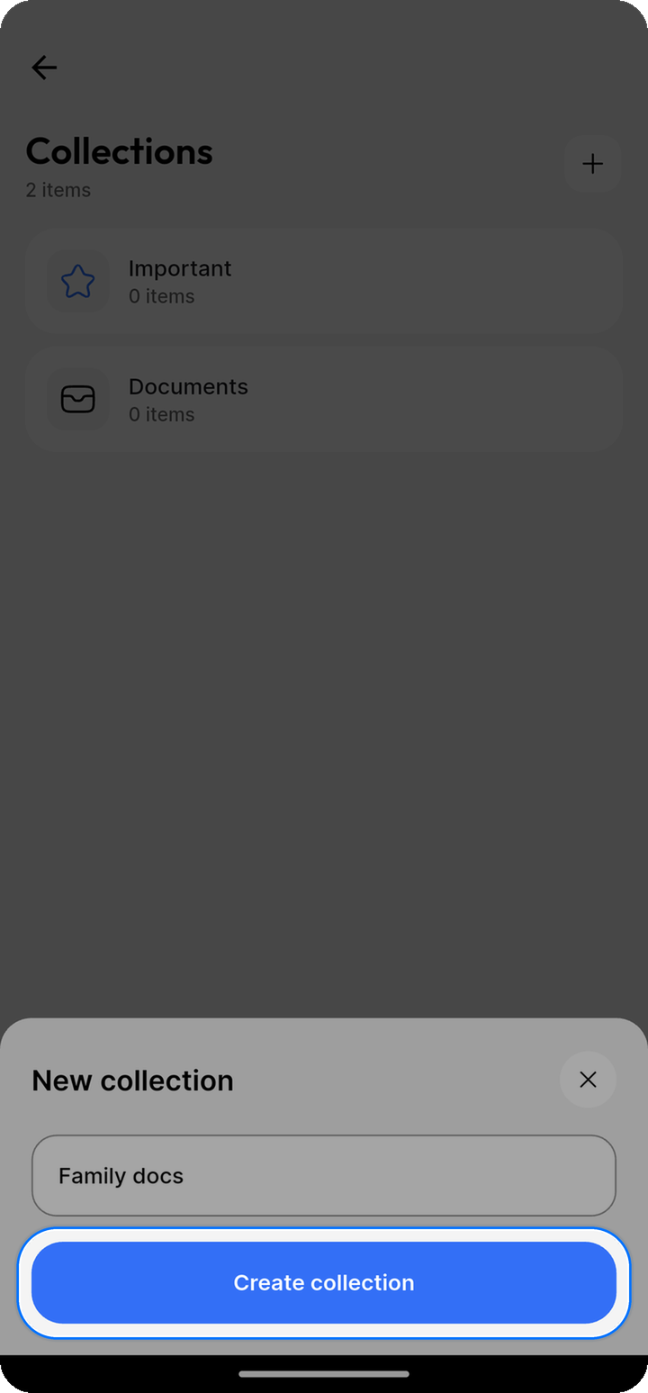 Create collection button highlighted on Ente Locker mobile