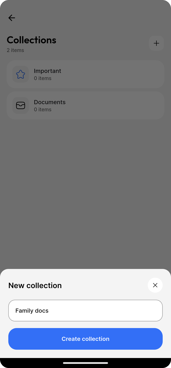 New collection form with Family docs name on Ente Locker mobile