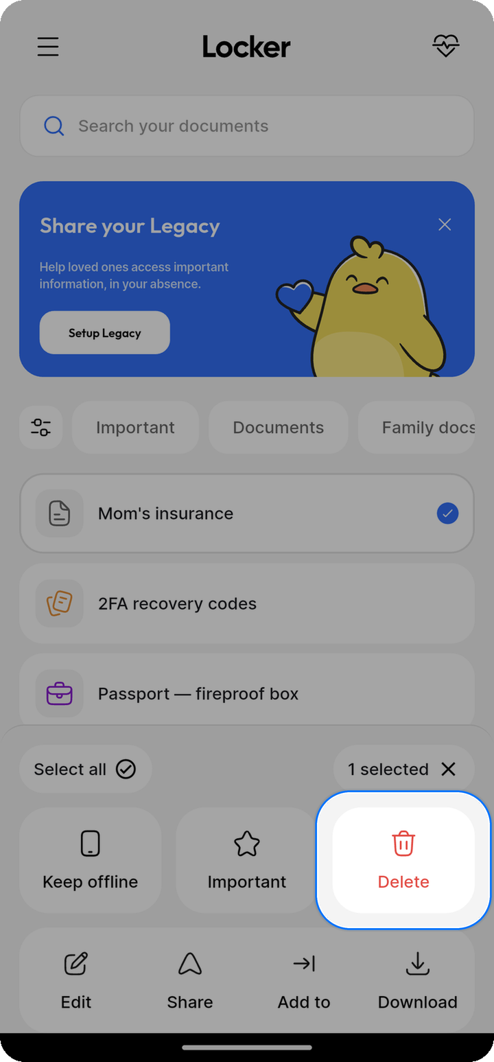 Delete action highlighted on the selection toolbar on Ente Locker Android