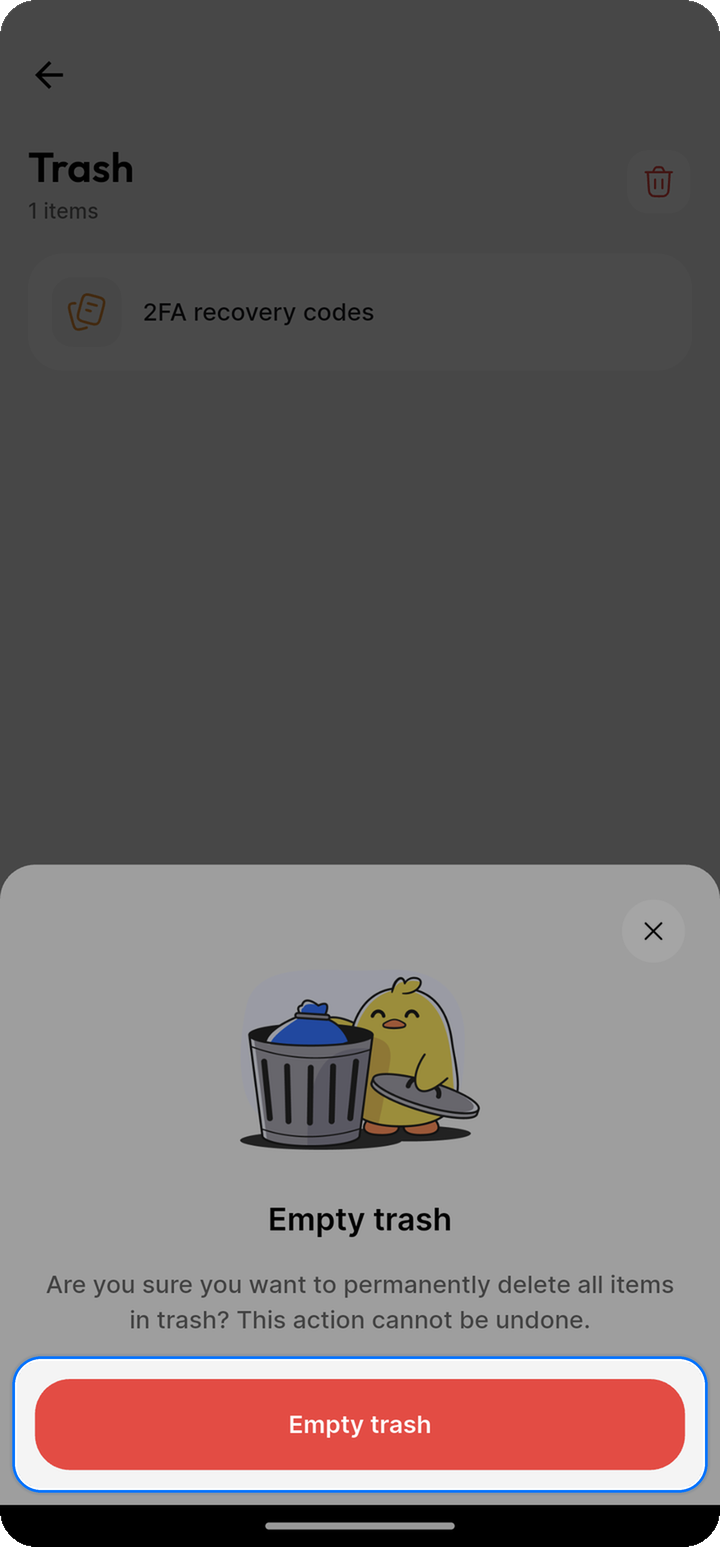 Empty trash confirmation button highlighted on Ente Locker Android