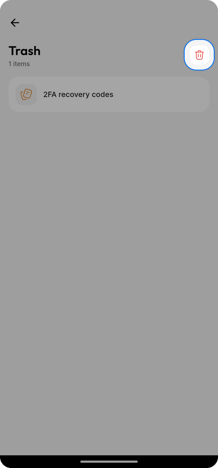 Empty trash icon highlighted in the Trash top bar on Ente Locker Android